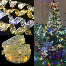 Load image into Gallery viewer, AMOSTING Christmas Ribbon Lights Gold 16 ft 50 LED Lights Double Layer Copper Wire Ribbon Bows Fairy Strings Lights for Weddings New Year Christmas Tree Decorations