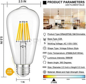AMOSTING 3-Pack Vintage LED Edison Bulbs 500LM Brightness 5W ST64 LED Filament Light Bulbs 2700K Warm White E26 Medium Base CRI90+ Antique Clear Glass for Home Dinning Room, Non-dimmable