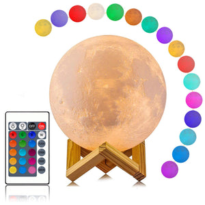 AMOSTING Moon Lamp 16 Colors, Dimmable, Rechargeable Lunar Night Light (5.9 inch) Full Set with Wooden Stand, Remote & Touch Control - Cool Nursery Decor for Baby Kids Bedroom, Birthday Day Gifts