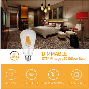 AMOSTING 3-Pack Vintage LED Edison Bulbs 500LM Brightness 5W ST64 LED Filament Light Bulbs 2700K Warm White E26 Medium Base CRI90+ Antique Clear Glass for Home Dinning Room, Non-dimmable